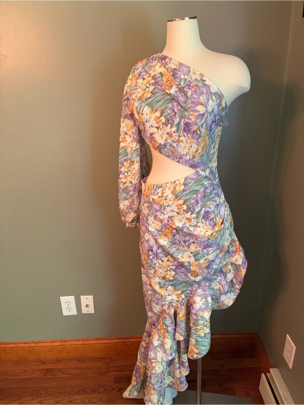 One-Shoulder Floral Cutout Maxi Dress in Lavender and Peach